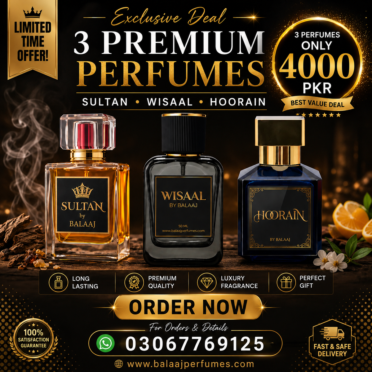 Balaaj Perfumes – 3 Premium Perfumes Deal | Sultan, Wisaal & Hoorain